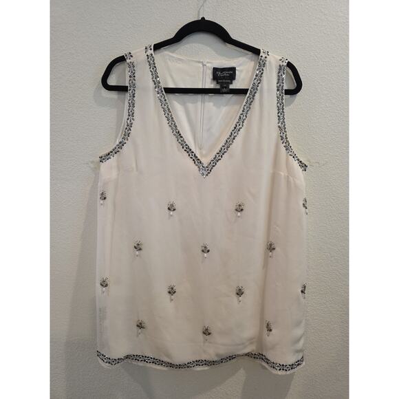 St. John CoutureCream Black Silk HandBeaded Sleeveless Blouse Sz Med Unique Luxe - Picture 1 of 9